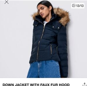 Zara Women's Dark Blue Down Puffer with Faux Fur Trimmed Hood